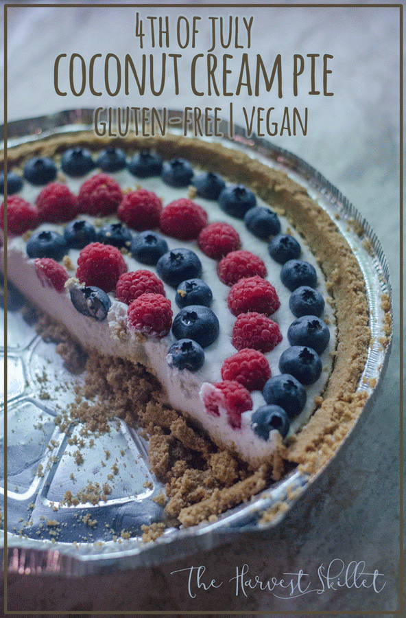 This 4th of July coconut cream pie is the epitome of a delicious summer dessert! It is light, creamy and full of fresh berries. Gluten-free, vegan, dairy-free.