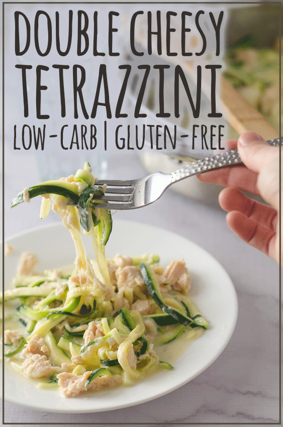 This double cheesy tetrazzini is made healthier with the addition of zucchini noodles to replace the traditional linguini. It's also made really creamy, thanks to the coconut milk (or heavy cream) and tons of Parmesan and mozzarella cheese. Low-carb, gluten-free, ketogenic, grain-free. 