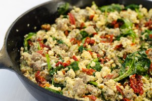 An incredibly easy one pan meal, this sun-dried tomato basil breakfast skillet can really be made for any meal! Gluten-free, grain-free, low-carb, ketogenic and dairy-free. 