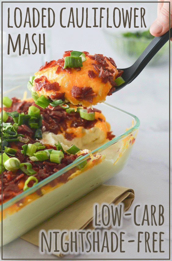 A delicious loaded cauliflower mash that rivals any good mashed potato recipe. Complete with tons of cheddar cheese, generous amounts of crispy bacon and lots of tangy green onions. Nightshade-free, low-carb, ketogenic, gluten-free, grain-free. 