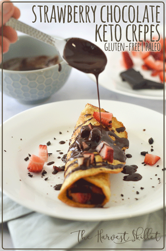 These strawberry chocolate keto crepes are a delectable dessert indulgence. They are made with coconut flour, psyllium husk powder, eggs, sweetener and water, then sprinkled with fresh strawberries and drizzled with melted chocolate. Low-carb, ketogenic, gluten-free, grain-free, dairy-free, sugar-free, Paleo.