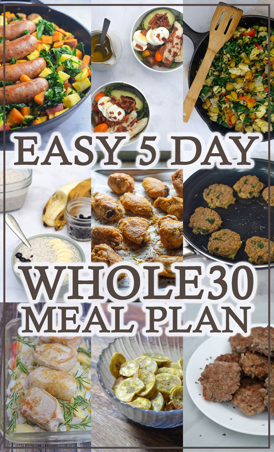 Looking to start a round of Whole30, and in need of some quick and easy meal ideas? This 5 day Whole30 meal plan will help get you started! Gluten-free, grain-free, dairy-free, Paleo.