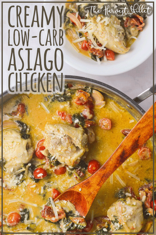 This super creamy Asiago chicken with spinach and tomatoes is so quick and easy, it can be made in one skillet in under a half an hour! Keto, low-carb, gluten-free, grain-free.