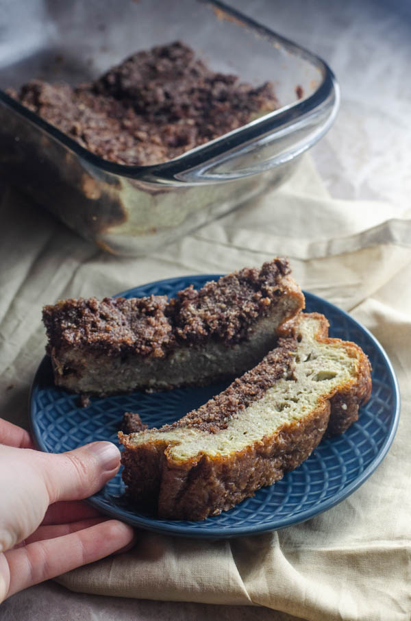 This cinnamon crumb egg loaf is a SUPER low-carb version of a coffee cake. Only 1 g net carbs per slice! Keto, paleo, sugar-free, dairy-free. 