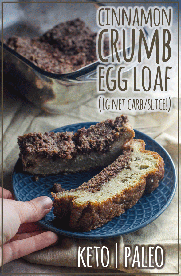 This cinnamon crumb egg loaf is a SUPER low-carb version of a coffee cake. Only 1 g net carbs per slice! Keto, paleo, sugar-free, dairy-free.