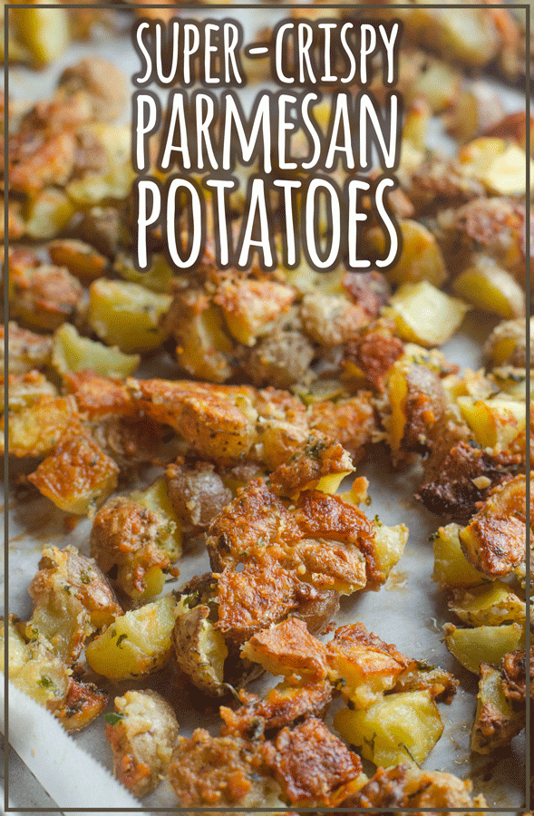 A delicious side dish, these super-crispy Parmesan potatoes are great for any night of the week! Gluten-free, grain-free, vegetarian, primal. 