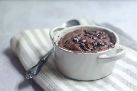 A double chocolate chip mug cake you can make in the microwave. Have dessert ready to eat in under 5 minutes, start to finish! No mess to clean up, and only one mug used! Gluten-free, grain-free, low-carb, Paleo, ketogenic. 