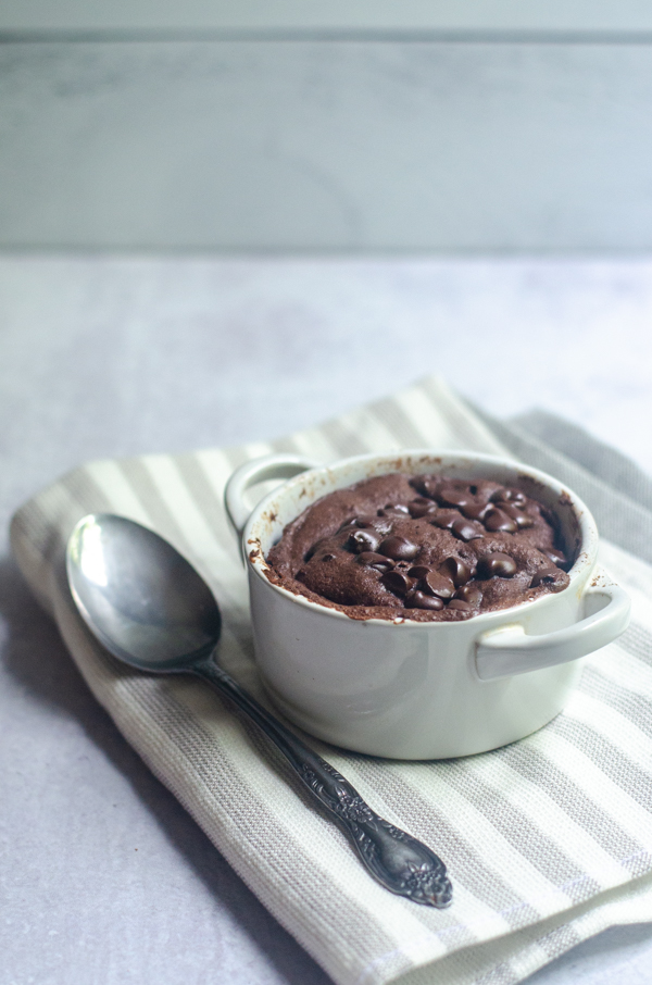 A double chocolate chip mug cake you can make in the microwave. Have dessert ready to eat in under 5 minutes, start to finish! No mess to clean up, and only one mug used! Gluten-free, grain-free, low-carb, Paleo, ketogenic. 