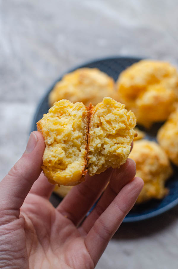 These gluten-free cheddar garlic biscuits are salty, crispy and soft and warm on the inside! Keto, low-carb, gluten-free, grain-free. 