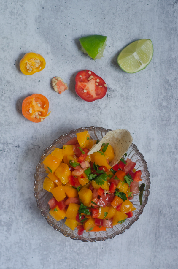 This recipe is the easiest peach salsa ever! Use diced peaches for a super quick and simple salsa that is ready in under 3 minutes. Paleo, vegan.