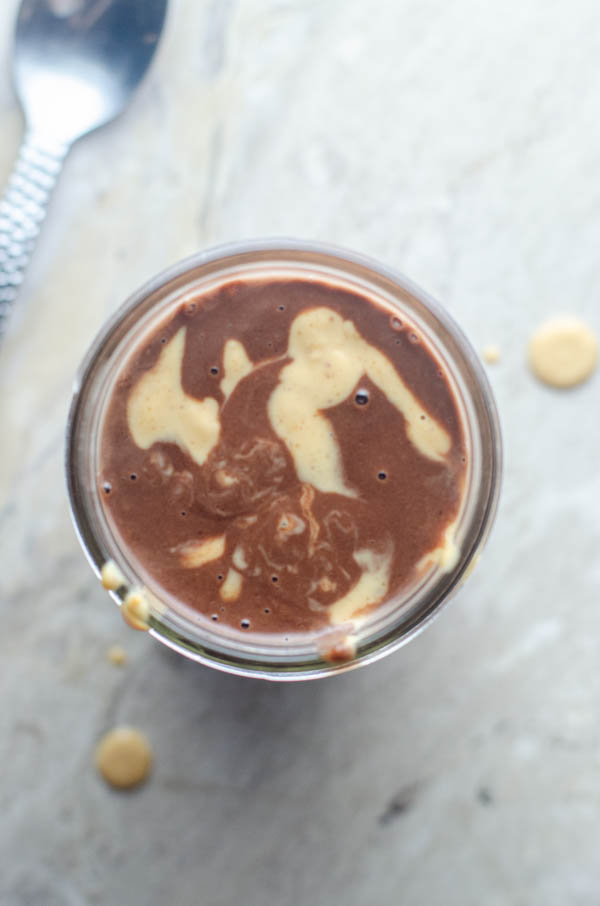 A delicious treat, this peanut butter chocolate milkshake is rich and tasty! Dairy-free, vegan. 