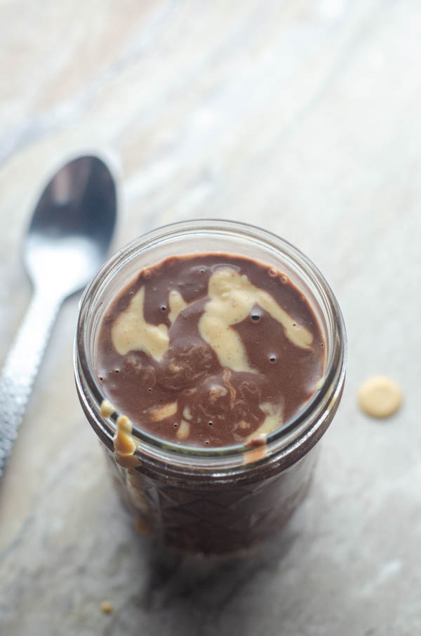 A delicious treat, this peanut butter chocolate milkshake is rich and tasty! Dairy-free, vegan. 