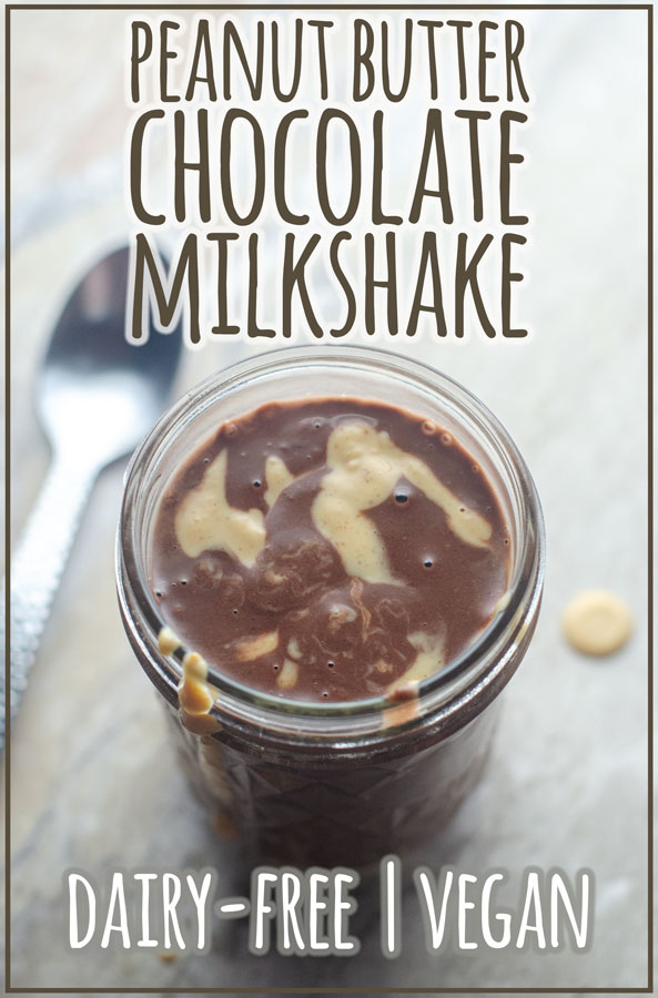 A delicious treat, this peanut butter chocolate milkshake is rich and tasty! Dairy-free, vegan. 