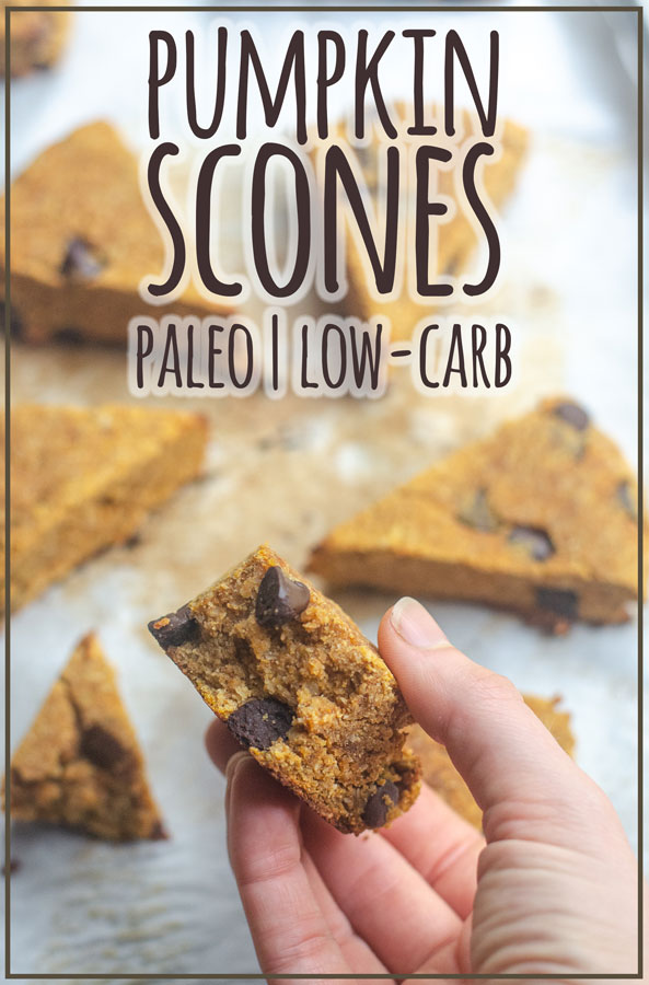 Pumpkin chocolate chip scones are a tasty breakfast or dessert for autumn. Great for making ahead and grabbing on-the-go! Paleo, low-carb.