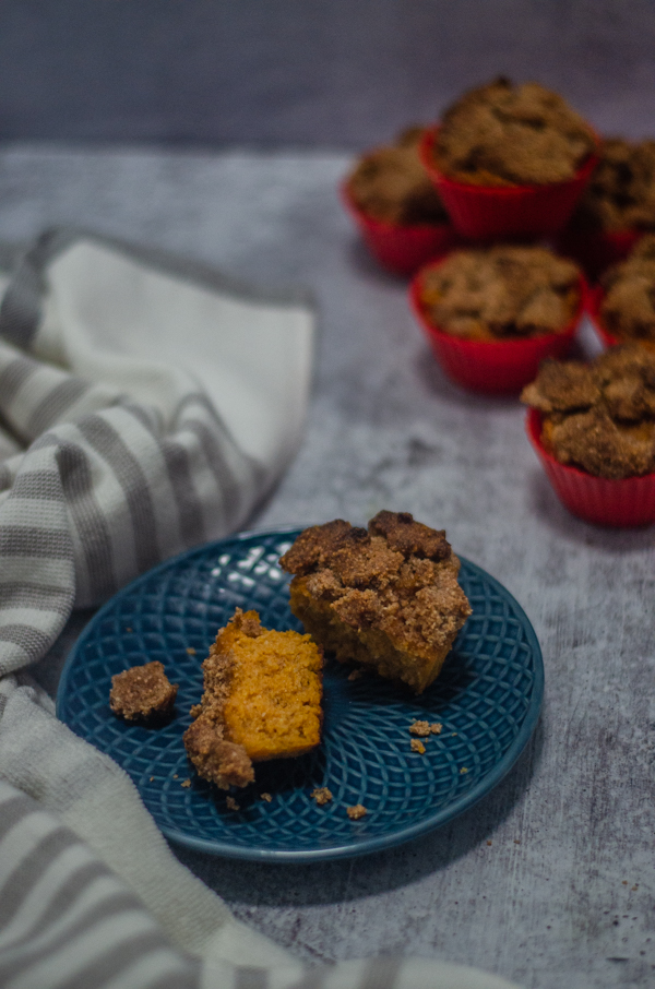 Pumpkin cinnamon streusel muffins are delicious for a cozy fall morning. Enjoy with your favorite pumpkin spice latte! Gluten-free, grain-free, paleo.