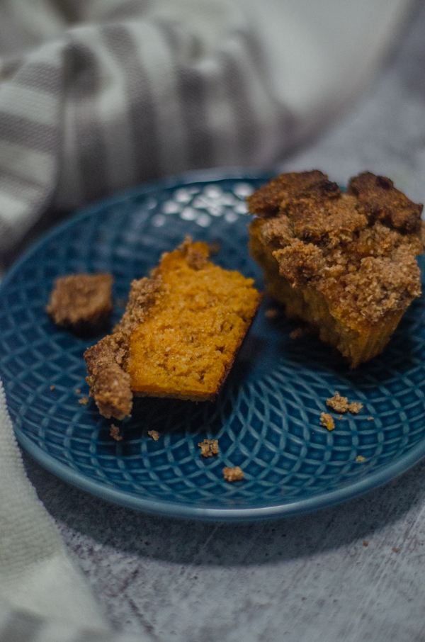 Pumpkin cinnamon streusel muffins are delicious for a cozy fall morning. Enjoy with your favorite pumpkin spice latte! Gluten-free, grain-free, paleo. 