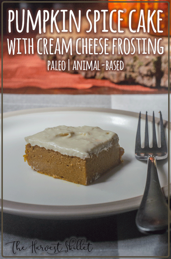 This pumpkin spice cake with cream cheese frosting is rich, sweet, tangy and perfect for a chilly fall evening! Gluten-free, animal-based.