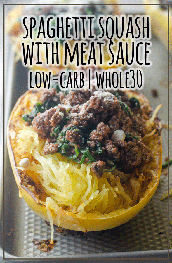 This spaghetti squash with meat sauce is a healthy alternative to a carb-filled dinner. Low-carb, paleo, whole30, gluten-free, grain-free, dairy-free. 