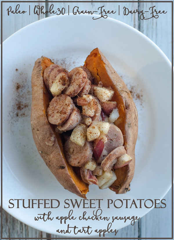 A delicious fall favorite, these stuffed sweet potatoes are loaded with apples, sweet chicken sausage and cinnamon butter! Paleo, Whole30, dairy-free, gluten-free, grain-free. 