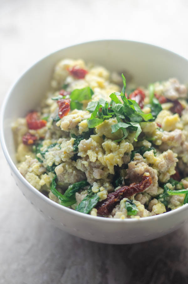 An incredibly easy one pan meal, this sun-dried tomato basil breakfast skillet can really be made for any meal! Gluten-free, grain-free, low-carb, ketogenic and dairy-free. 