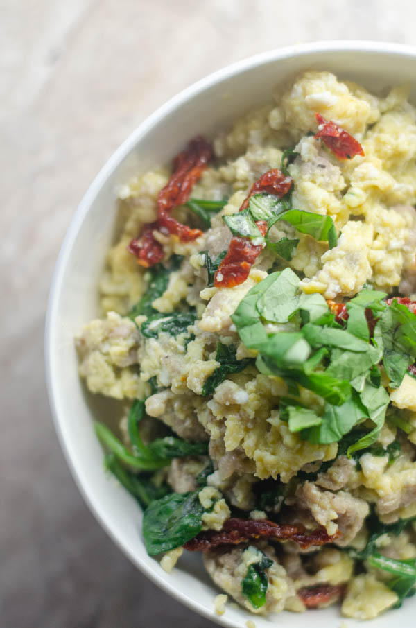 An incredibly easy one pan meal, this sun-dried tomato basil breakfast skillet can really be made for any meal! Gluten-free, grain-free, low-carb, ketogenic and dairy-free. 