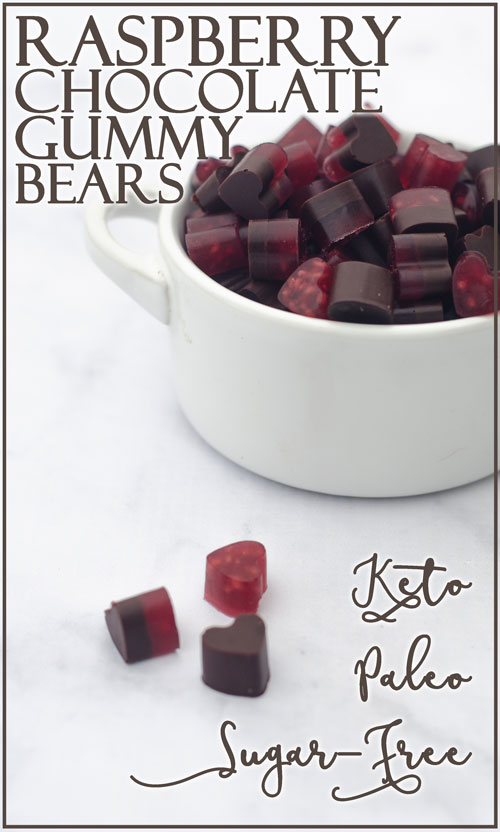 These raspberry chocolate gummy bears are the perfect Valentine's day treat! They are sweet, chewy and free of sugars, carbs and preservatives! Keto, low-carb, Paleo.